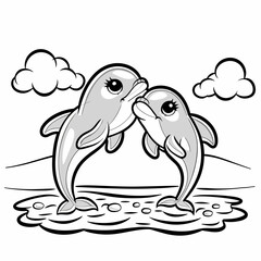 Black and white dolphins _ vector illustration _ 2 dolphins line artwork illustration _ fish cartoon illustration