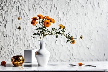 rtistic shot of a single aster in a white ceramic vase, placed on a dining table, minimalist...