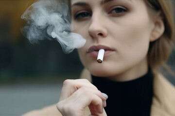 Fototapeta premium Closeup shot of woman smoking cigarette. Young lady smoker puffing tobaccos cigar. Generate ai