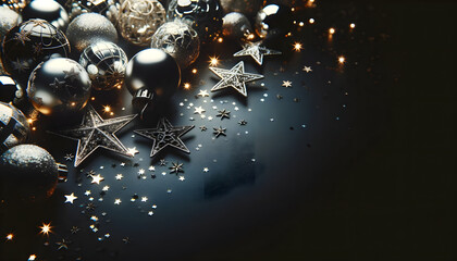 A collection of elegant Christmas ornaments and glittering stars spread across a dark background, illuminated by twinkling lights