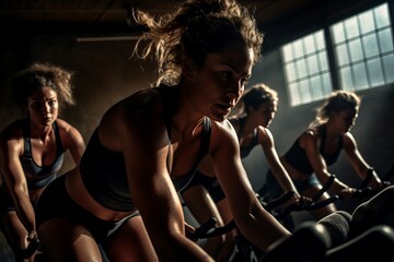 Obraz na płótnie Canvas Group of sport women on gym bicycle. Fitness cardio spinning class training indoor biking. Generate ai