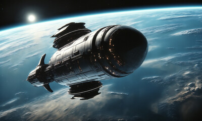Statek kosmiczny wybiera się w daleką podróż do innych układów gwiezdnych. W tle widoczna Ziemia. 