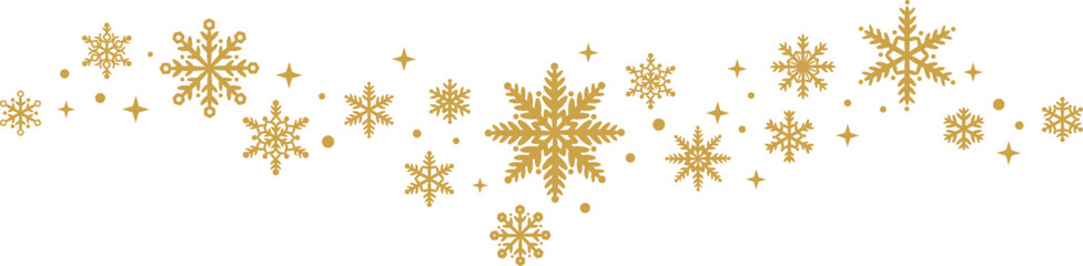 Golden snowflake border wave vector clip art illustration for winter holidays, Christmas design element - obrazy, fototapety, plakaty