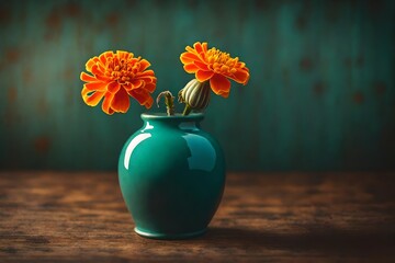 Artistic shot of a single marigold in a teal ceramic vase, placed on an ash wooden surface background