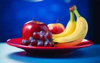 Apple, Grapes and Banana Placed on Blue Background