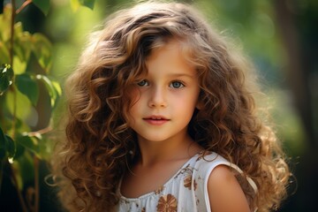 portrait of a beautiful little girl with curly hair in the park