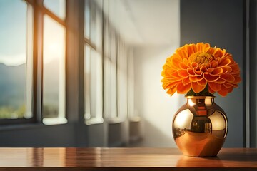 Artistic shot of a single marigold in a copper metal vase, placed near a window, minimalist design, wooden surface background