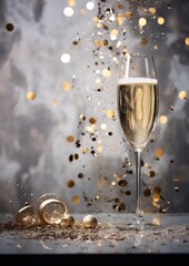 Champagne glass and confetti, light gray background, gold and silver, confetti and streamers, tinsel, party, for text