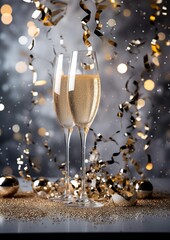 Champagne glass and confetti, light gray background, gold and silver, confetti and streamers, tinsel, party, for text