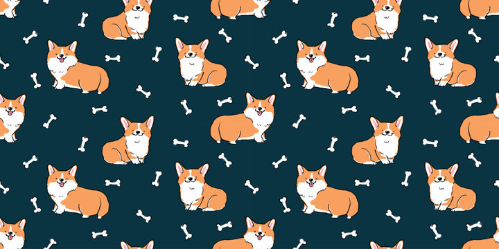 Seamless Pattern of Cute Cartoon Corgi Dog Design on Dark Blue Background