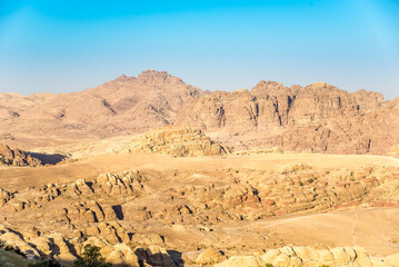 View at the Wadi Musa valley with Mount Hor (Tomb of Aaron)near archaeological site of Petra - Jordan