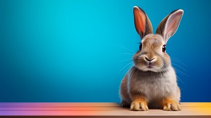 beautiful bunny on blue background with copy space, Generative AI
