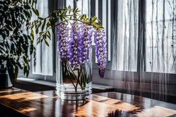 Artistic shot of a single wisteria in a crystal vase, placed near a window, minimalist design, wooden surface background,