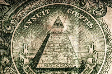 Pyramid, Eye of Providence. Extreme Pyramid of Banknotes of the United States dollar on white background.