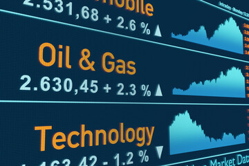 Rising oil and gas index, technology index moving down. Stock market data, exchange monitor, charts, industry sector, trading. 3D illustration