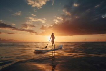 Woman floating on sup board boat in evening orange sunlight. Female surfer on sap paddle admiring sunset magic view. Generate ai - Powered by Adobe