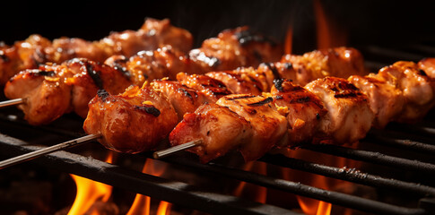 shish kebab skewers of diced chicken on the grill
