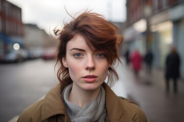Fototapeta na wymiar Portrait of a beautiful young woman with red hair in the city