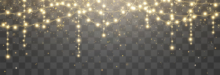 Fototapeta na wymiar Christmas lights, lights bulbs, glowing garlands string. New Year's party lights, holiday decorations. Party event decoration, winter holiday season element. Vector illustration on png.