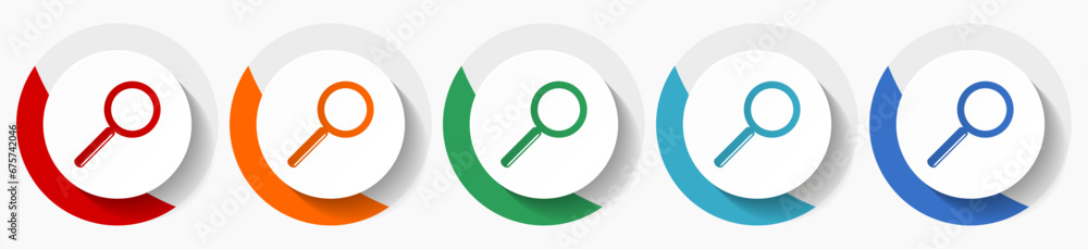 Leinwandbilder Search glass vector icon set, flat design colorful round icons in 5 color options for webdesign and mobile applications