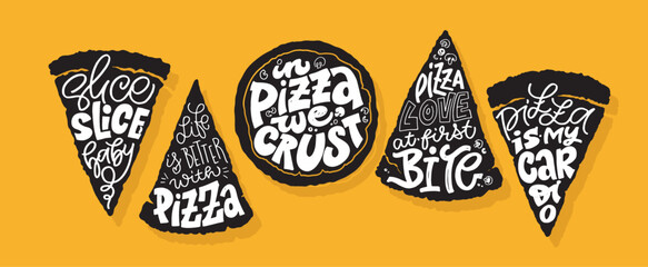 Cute hand drawn doodle lettering postcard about pizza. Pizza lover. - obrazy, fototapety, plakaty