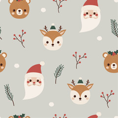 Cute Christmas seamless pattern with fabulous Santa, bear and deer. Charming festive characters in the doodle style. Funny baby design for congratulations. Ideal for packaging, textiles, fabric.