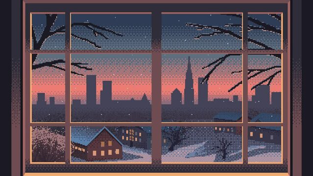 Pixel art seamless animation of view from the window to a winter village landscape. Snowy houses in front of the cityscape silhouette. Christmas background.