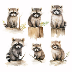 set of watercolor clip art of cute racoons isolated on white background for graphic design