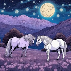 Horses and sheep against the moon and stars