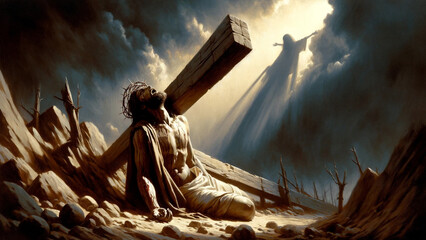 Suffering Crucifixion Shadows: The Collapse of Jesus Christ with his Cross on the road to Calvary.  - obrazy, fototapety, plakaty