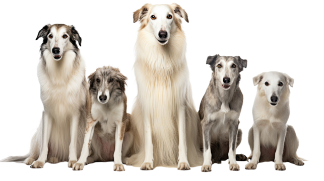 Dogs Sitting in a Group on White Background Borzoi