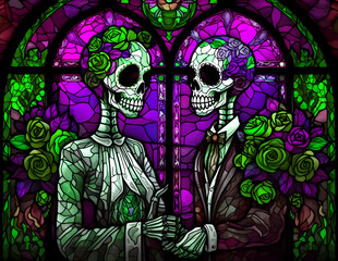Obraz premium Stained glas Dia los muertos wedding Wine Bottle wrap sublimation 