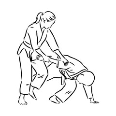 Aikido combat between athletes, stylized vector illustration