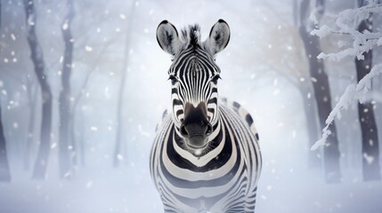 close up of snow zebra in winter - obrazy, fototapety, plakaty