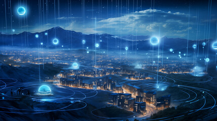 Illuminated Autonomous Smart City with Interactive Data Streams and Digital Information Flow in a Mountainous Region at Twilight