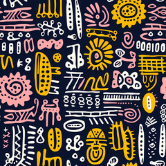 a hand drawn colorful pattern with differen designs