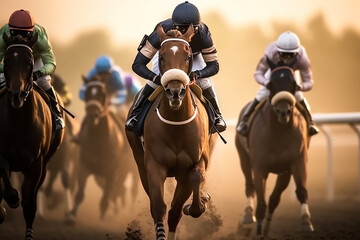 Horse racing, horses and jockeys fight for first place on the racetrack, sun rays.