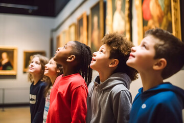 Schoolchildren at an art gallery exhibition enjoying modern or classical art