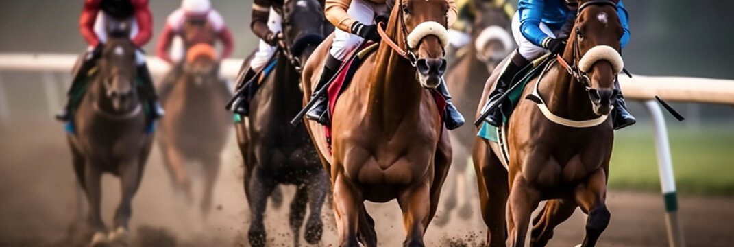 Horse racing, horses and jockeys fight for first place on the racetrack, sun rays. Banner