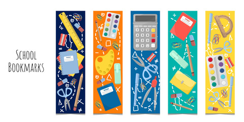 Set of 5 rectangular bookmarks templates with cute school supplies. Flat cartoon illustration. Kid's bookmarks for reading. Bright and positive colors.Isolated on white background. - obrazy, fototapety, plakaty