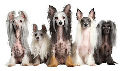Dogs Sitting in a Group on White Background Chinese Crested