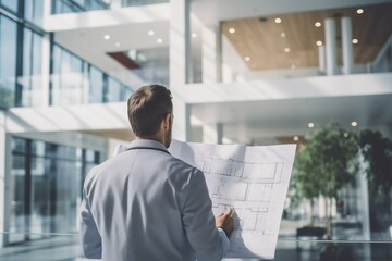 Architect in a stylish suit, conducting an inspection inside a building with blueprints in hand