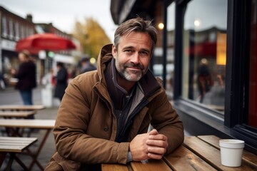 Portrait of a handsome middle-aged man in a street cafe.