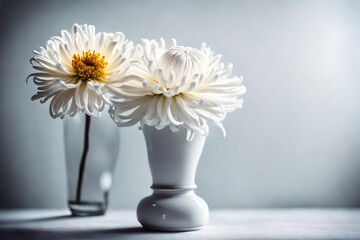 Artistic shot of a single chrysanthemum in a porcelain vase, on studion background