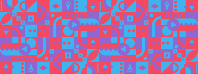Red blue and purple violet abstract geometric mosaic banner design with simple shapes