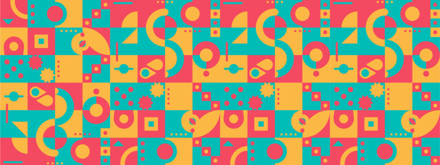 Red yellow and green modern vector abstract geometric background with circles, rectangles and squares simple shapes graphic pattern