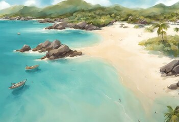 Fototapeta premium A beautiful beach with an ocean and green trees