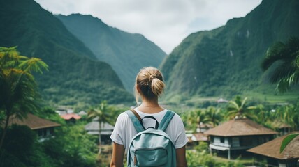 Young female traveler with a blue backpack, observing the mountains and valley in a little village in Asia