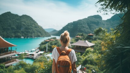 Young traveler woman with an orange backpack, gazes at the views of the bay in a Southeast Asian village - obrazy, fototapety, plakaty