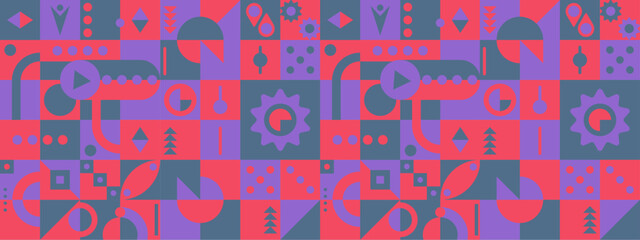 Red blue and purple violet abstract geometric mosaic banner design with simple shapes